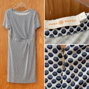 Tory Burch silk print sheath dress, ruched waist, navy ombré dots, size large